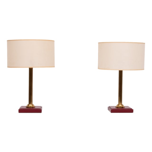Red Stich Leather Table Lamps by Jacques Adnet, France, 1960s, Set of 2 For Sale