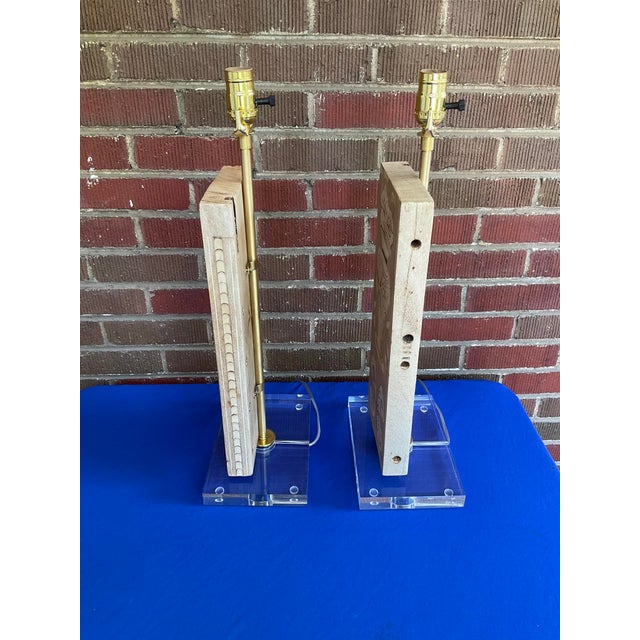 Late 19th Century Pair Antique Bleached Marquetry Architectural Fragment Lamps W/Lucite Bases For Sale - Image 5 of 9