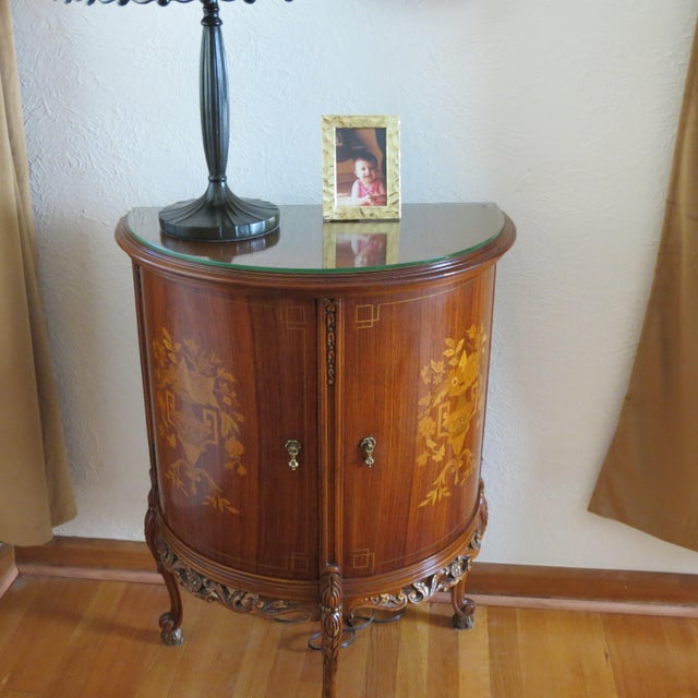 1920s 1920s Demi-Lune Commode, Marquetry, Two Doors, Two Shelves, Glass Top For Sale - Image 5 of 12