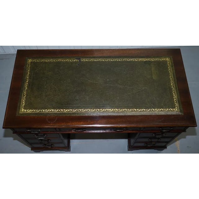 Hardwood & Green Leather Partner Desk with Sliding Keyboard Shelf & Twin Pedestals For Sale - Image 4 of 18