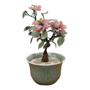Vintage Small Scale Chinese Jade & Glass Cherry Blossom Bonsai Tree in Celadon Pot