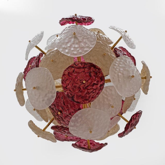 Mid-Century Modern Sputnik Murano Glass Chandelier in Cherry Red, White and Champagne with Brass Structure, 2000 For Sale - Image 3 of 12