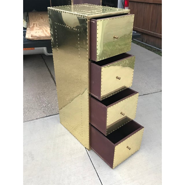 1970s Mid Century Modern Brass Studded Four Drawer Filing Cabinet