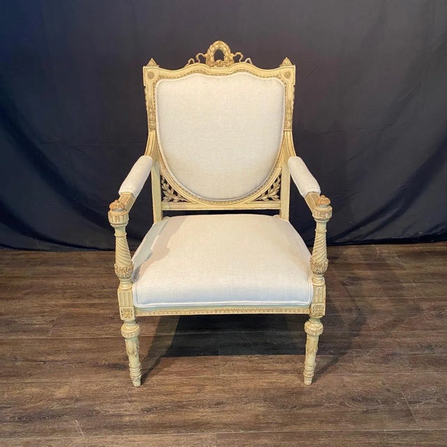 Pair of elegant 19th century French painted armchairs or fauteuils with original paint and new high end neutral...