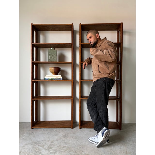 1970s Mid-Century Lou Hodges Style Solid Oak Six-Tier Bookcases – A Pair For Sale - Image 13 of 15