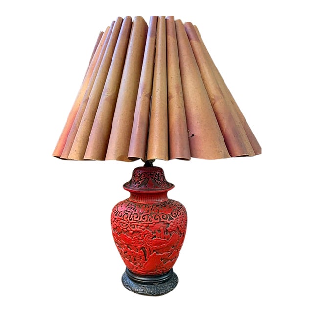 Antique Asian Red Cinnabar Lamp With Original Paper Pleated Shade For Sale