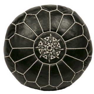 Embroidered Leather Pouf in White on Black (Stuffed) For Sale