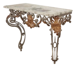 18th C Style Wrought Iron Silver & Gilt Metal Marble Top Console