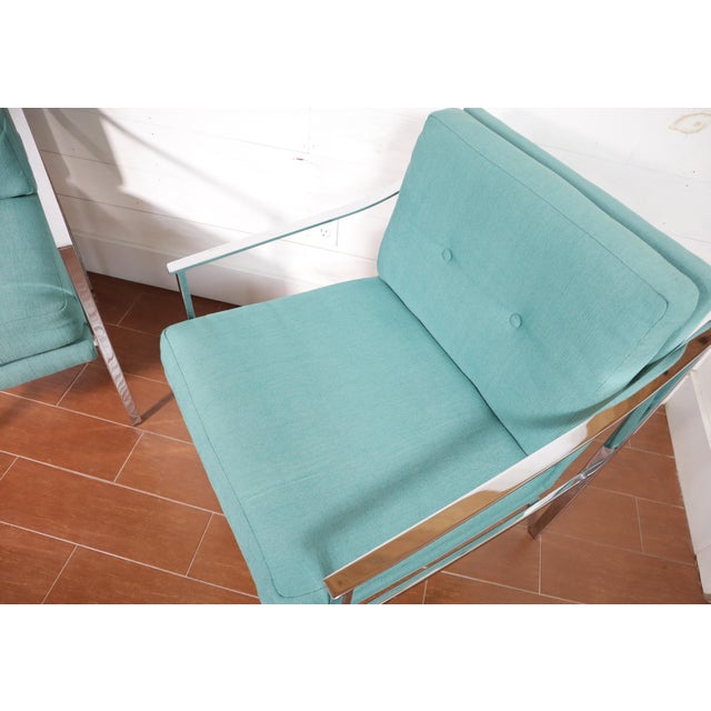 Milo Baughman Vintage Pair Mid Century Chrome Frame Chairs Milo Baughman Style Green Fabric Modern Retro Sculptural 60's 70’s For Sale - Image 4 of 14