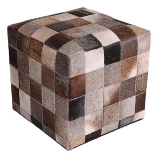 Handmade Brown Patchwork Cowhide Leather Ottoman Pouf 18x18x18 in Warm For Sale