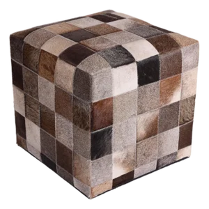 Handmade Brown Patchwork Cowhide Leather Ottoman Pouf 18x18x18 in Warm