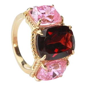 Christina Addison Pink Topaz and Garnet Ring With Gold Rope Twist Border