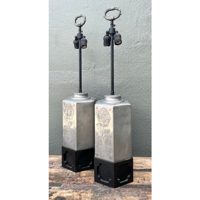 Vintage Etched Metal Lamps - A Pair For Sale In West Palm - Image 6 of 12