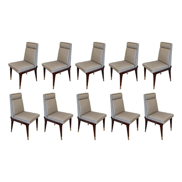 Set of 10 Lorin Marsh Art Deco Tuxedo Dining Chairs in High-Gloss Mahogany & Brass For Sale