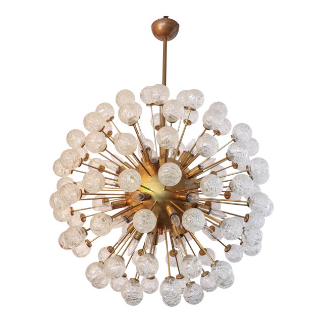 1980s Brass Frame Starburst Sputnik Chandelier With Flower Shaped Glass For Sale