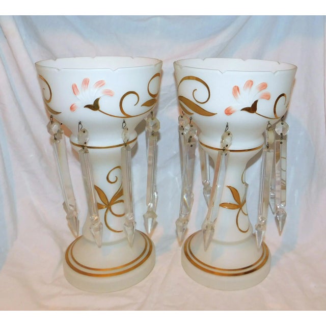 Absolutely gorgeous pair of antique milk glass candle lusters with hand painting and drop crystals