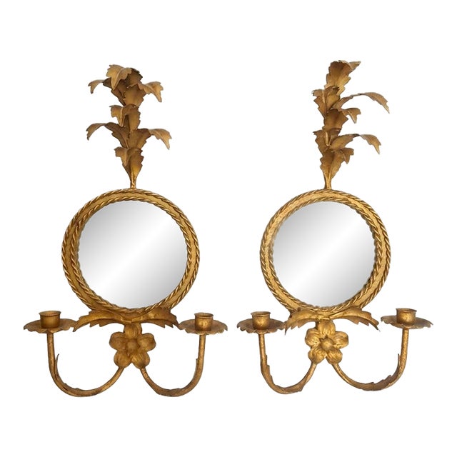 Mid-Century Italian Gilded Floral Mirror Sconces For Sale