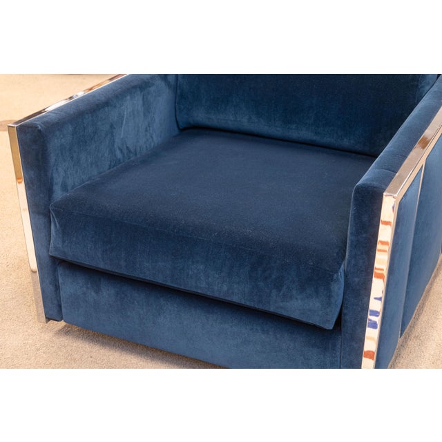 Pair of Milo Baughman Blue Velvet and Flat Bar Chrome Cube Club Chairs For Sale - Image 10 of 10