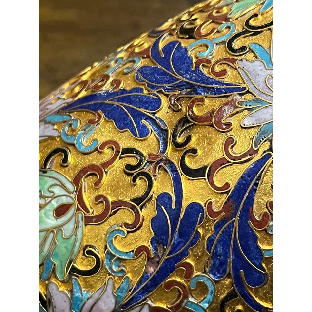 Metal Vintage Chinese Gilt Cloisonné Enamel Floral Vase, Beijing, Mid-Century, 8” For Sale - Image 7 of 8