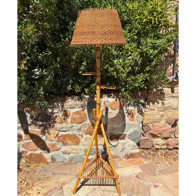 Vintage French Riviera Rattan Floor Lamp with Woven Shade in the style of Audoux-Minet, 1960 For Sale - Image 4 of 5