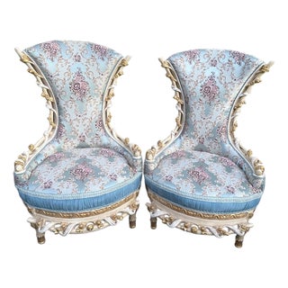 1970 Louis XVI White Beech Turquoise Lounge Chairs-Pair For Sale