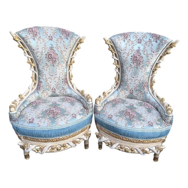 1970 Louis XVI White Beech Turquoise Lounge Chairs-Pair For Sale