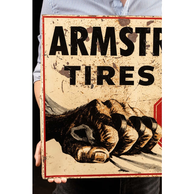 American Vintage Armstrong Tires Double-Sided Tin Flange Service Station Sign For Sale - Image 3 of 11
