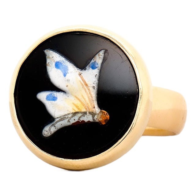 Vintage 9k Yellow Gold & Enamel Butterfly Signet Style Ring For Sale
