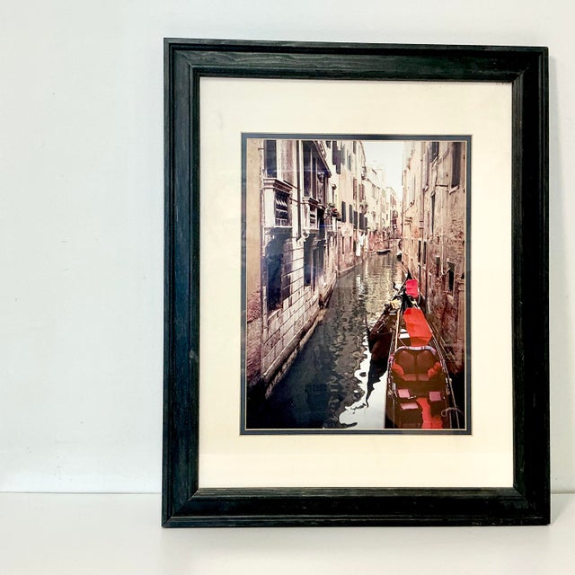 Boho Chic 1980s Vintage Italian Boho Chic Cityscape Canal With Red Gondola at Dock Framed Photography For Sale - Image 3 of 18