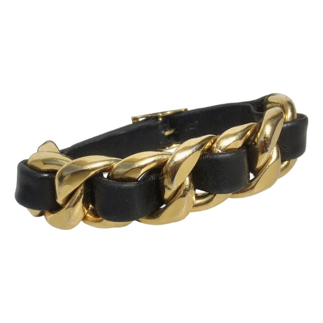Vintage Chanel Leather and Gilt Metal Bracelet For Sale