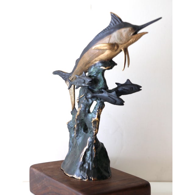 Blue Solid Bronze Lyford Cay Club Tournament Marlin Fishing Trophy by Bodo Muche Studio With Inset Opal Gem For Sale - Image 8 of 16