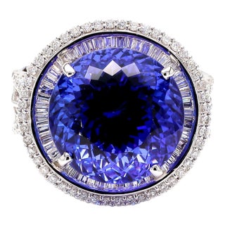 15.50 Carat Round Tanzanite & 1.50 Carat Diamond Double Halo 14k White Gold Ring, Size 6.5 For Sale