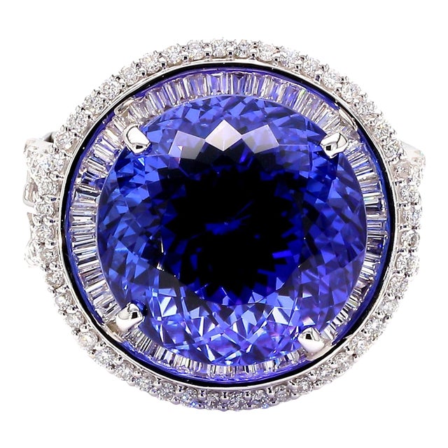15.50 Carat Round Tanzanite & 1.50 Carat Diamond Double Halo 14k White Gold Ring, Size 6.5 For Sale