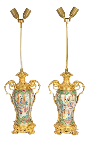 Canton Porcelain and Gilt Bronze Oil Lamps, Set of 2