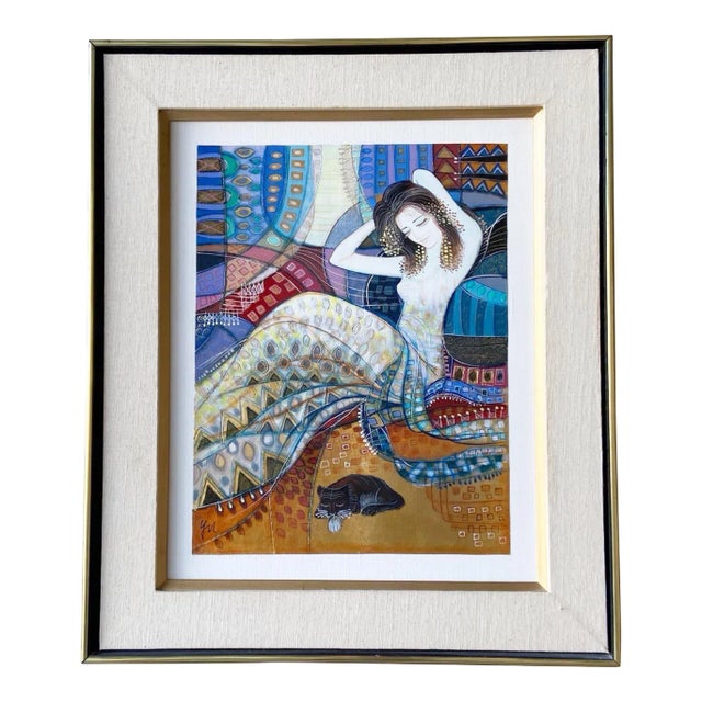 Original Framed Oil Painting of Woman With Cat For Sale