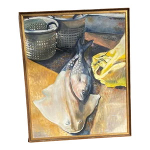 Mid 20th Century Oil on Board “Still Life - Chesapeake Bay Fishing” by Artist Marie Clare Wehle, Framed