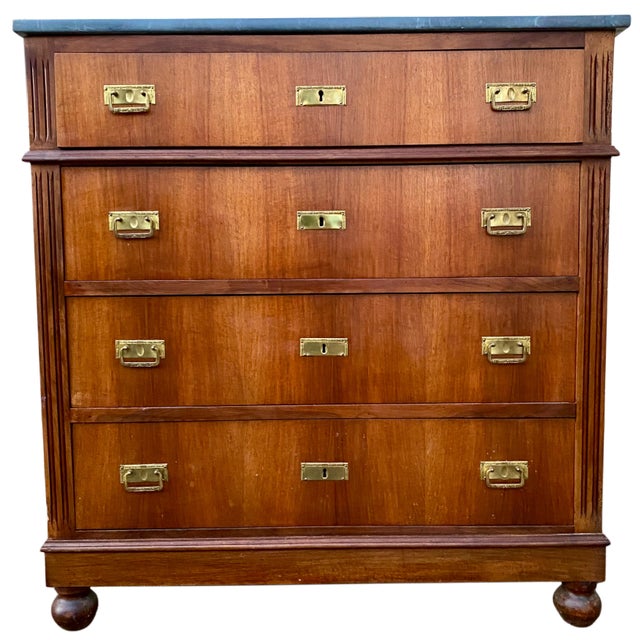 English military chest of drawers in a nautical style, with a marble top. Dimensions: Height 110 cm, Depth 54 cm, Length...