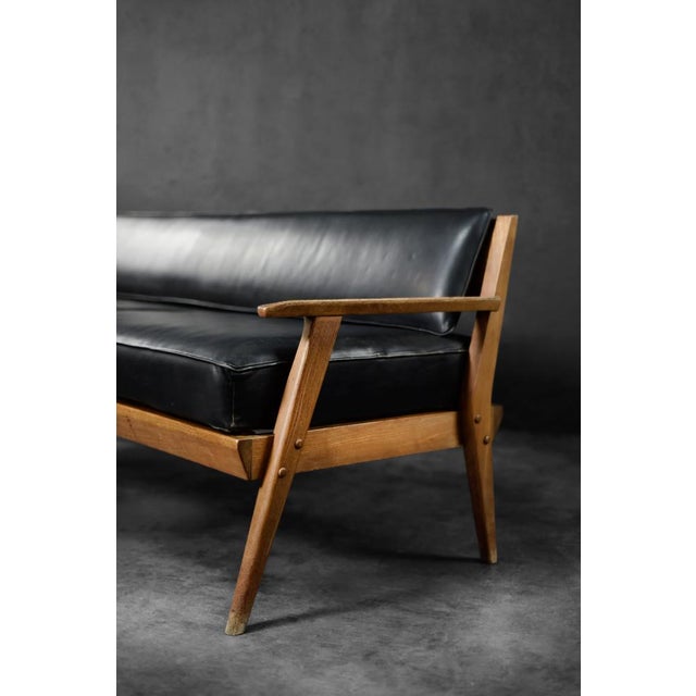 Mid-Century Modern German Oak and Black Leather Sofa, 1960s For Sale - Image 16 of 18