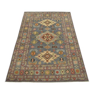 Kazak Rug 5′ X 6’9” Gray Wool Tribal Hand-Knotted Oriental Carpet For Sale