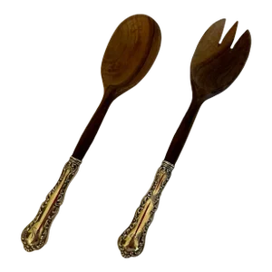 Mid 20th Century Sterling Silver and Teak Wood Fork and Spoon Salad Serving Set