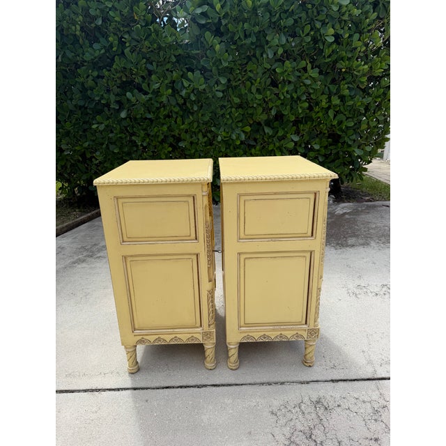 Yellow Vintage French Provincial Carved Nightstands With Locking Commode Cabinets by Agr Paris, Pair For Sale - Image 8 of 17