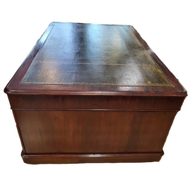 Wood 19th C English Executive Mahogany & Gold Tooled Leather Top Partners Desk For Sale - Image 7 of 13