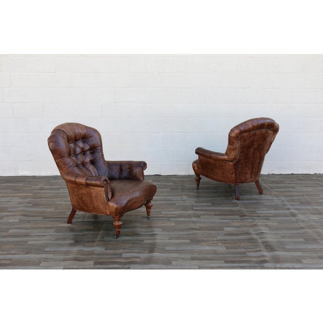 Pair of Vintage 1980s Distressed Brown Leather Tufted Library Armchairs For Sale - Image 4 of 18