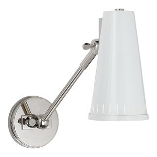 Thomas O'Brien for Visual Comfort Signature Antonio Adjustable One Arm Wall Lamp in Polished Nickel with Antique White Shade For Sale