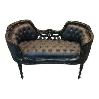 French Louis XVI Style Black Tufted Bench For Sale