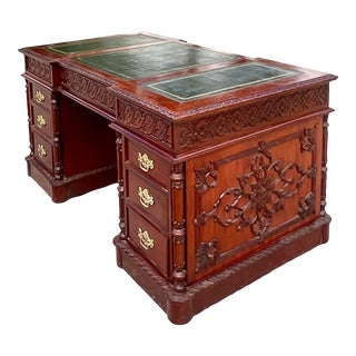 Vintage Hand Carved Swag Executive Desk For Sale