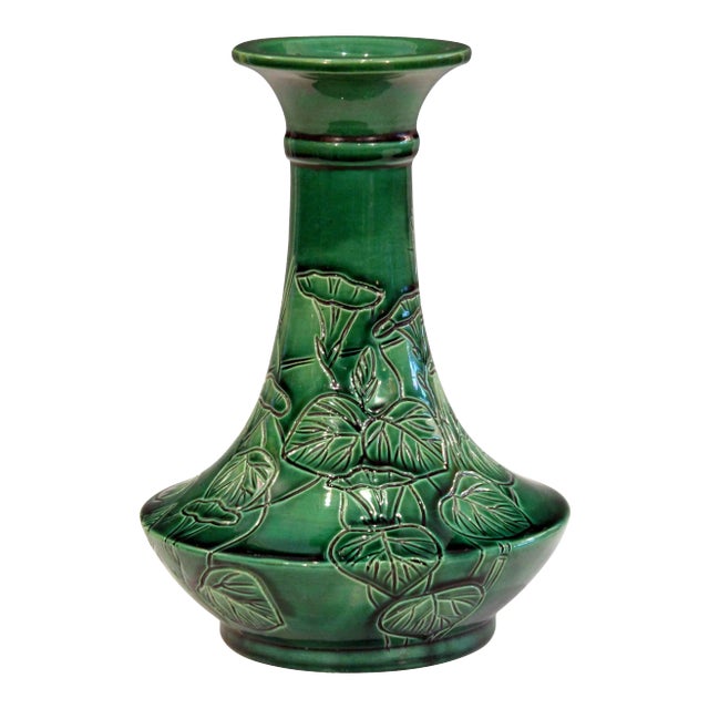 Antique Awaji Pottery Japanese Green Monochrome Bottle Vase Incised Bell Flowers For Sale