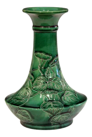 Antique Awaji Pottery Japanese Green Monochrome Bottle Vase Incised Bell Flowers