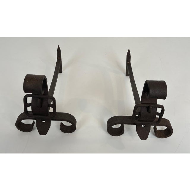 Metal 1950s Pair of cast iron andirons representing a belt. French work. For Sale - Image 7 of 12