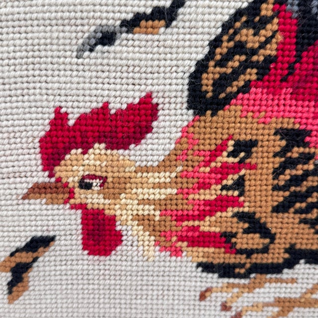 1970s Vintage Roosters Needlepoint Traditional Americana Art For Sale - Image 5 of 11